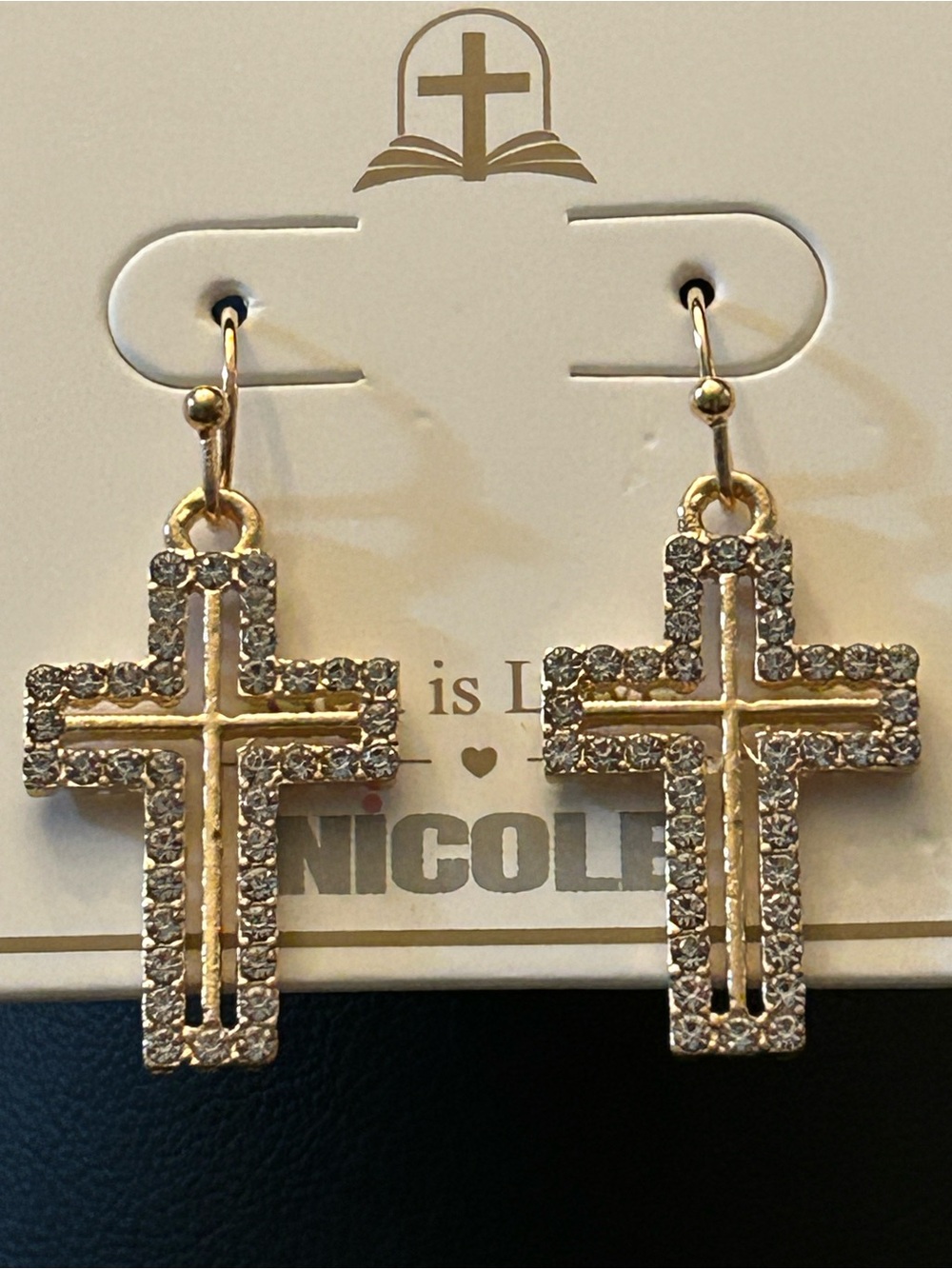 Nicole Gold-Tone Rhinestone Crystal Cross Drop Pierced Earrings NWT